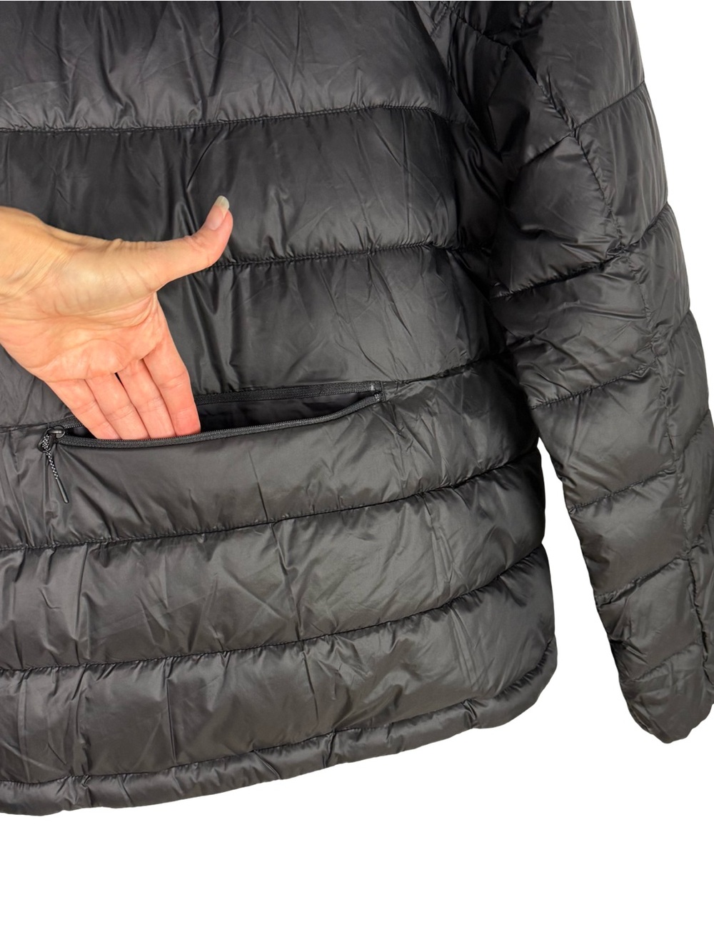 Athleta Aire Puffer Black Lightweight Packable Hooded Jacket Size M EUC - Picture 7 of 12